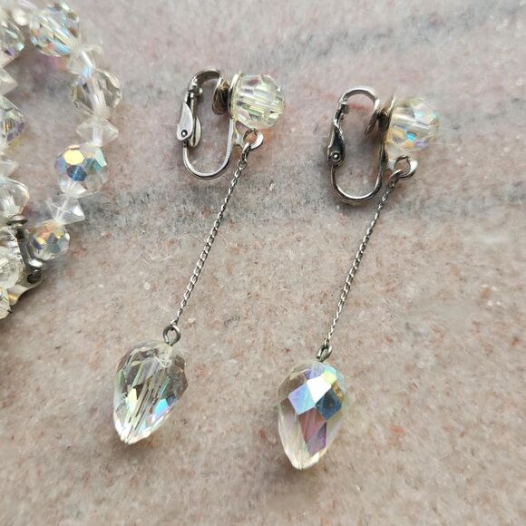 Bracelet & Dangle Earrings Set AB Crystal Bead Double Strand Wedding VTG Jewelry - Picture 11 of 13